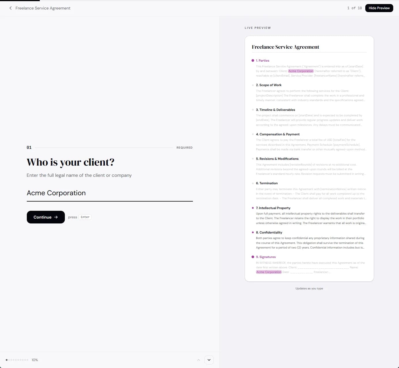 WizForm wizard interface showing live contract generation